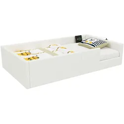 STILVORA Gepolstertes Plattformbett 90x200 mit Schutzgeländer und USB-Ladestation, stabiles Bettgestell aus MDF, modernes Design, Weiß