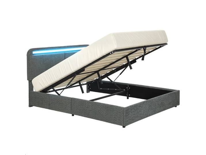 Lit coffre - HOMCOM - 140 x 190 cm - éclairage LED tête de lit réglable sommier à lattes en bois - polaire Teddy - gris