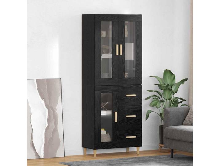 furnicato Highboard 69,5 x 34 x 180 cm Schwarz eichen-optik (1 St), Vitrinenschrank mit Glaspaneelen und 3 Schubladen für Wohnzimmer