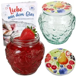 2er Set Frutta Vaso Marmeladenglas 580ml mit Comic-Obst Deckel TO82 & Rezeptheft