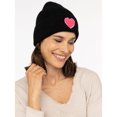 Beanie ZWILLINGSHERZ "Heart Patch", Damen, schwarz, Grobstrick, Materialmix, unifarben mit Farbeinsatz, Mützen Beanie, Grobstrick, Herzmotiv,Wollanteil, breiter Umschlag, wärmend