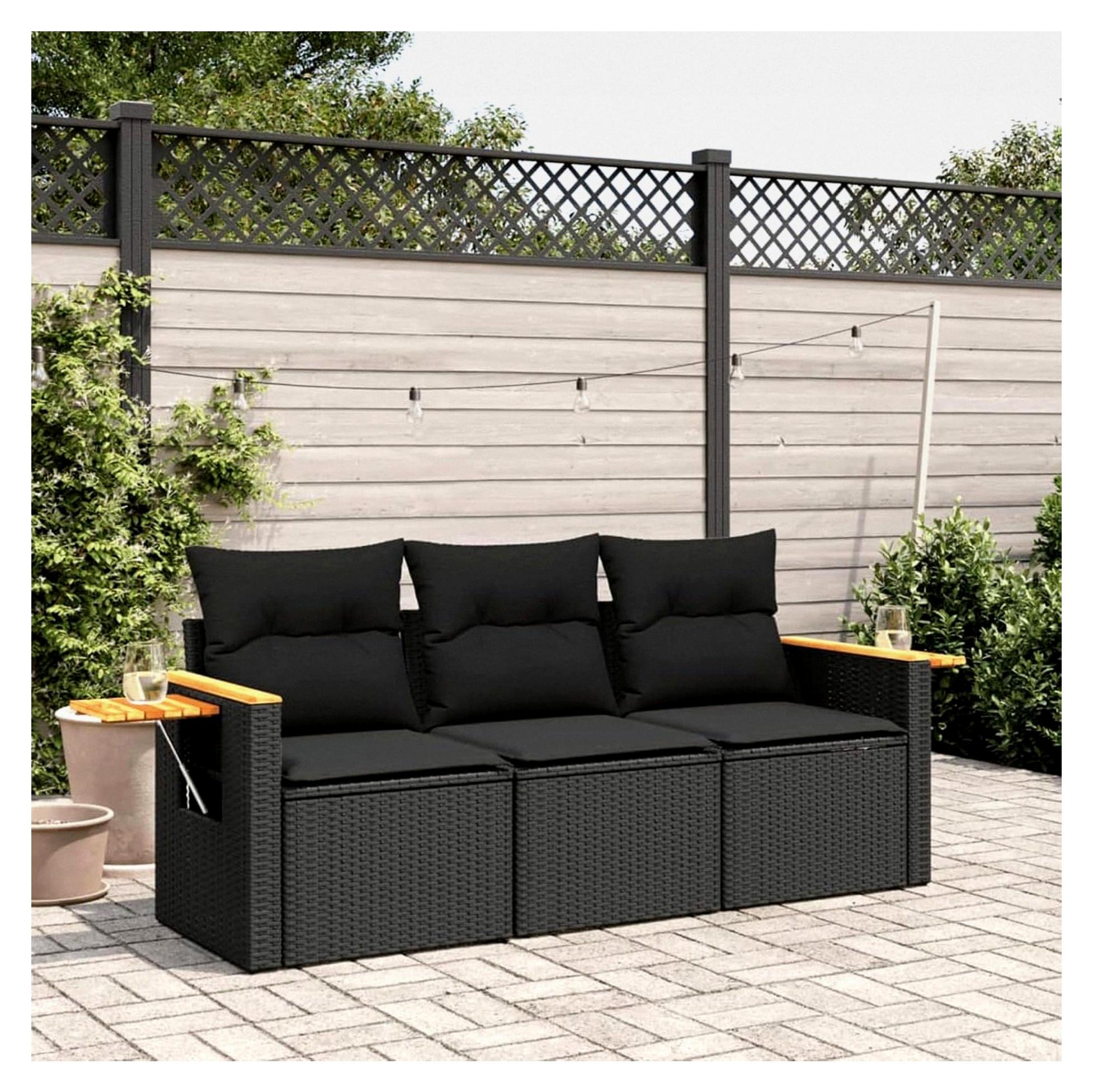Balkon Lounge Möbelset 3-Sitzer Gartenmöbel Ecksofa Rattan Schwarz 3-teilig