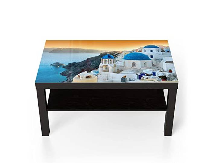 DEQORI Glastisch schwarz groß 90x50 cm Motiv Blaue Kuppeln von Oia ausgefallener Beistelltisch aus Glas Hochglanz Couchtisch fürs Wohnzimmer moderner Couch Tisch mit Design