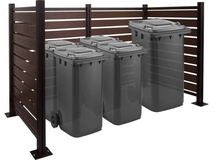 Alu Mülltonnen-Zaun HWC-K57, Mülltonnenverkleidung, Holzoptik erweiterbar 130x206x110cm braun