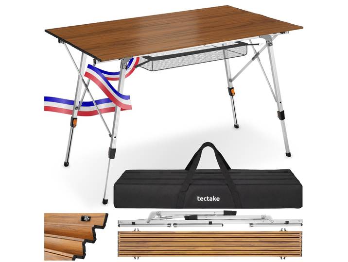 Table pliante en aluminium Bastian, réglable en hauteur - aspect bois