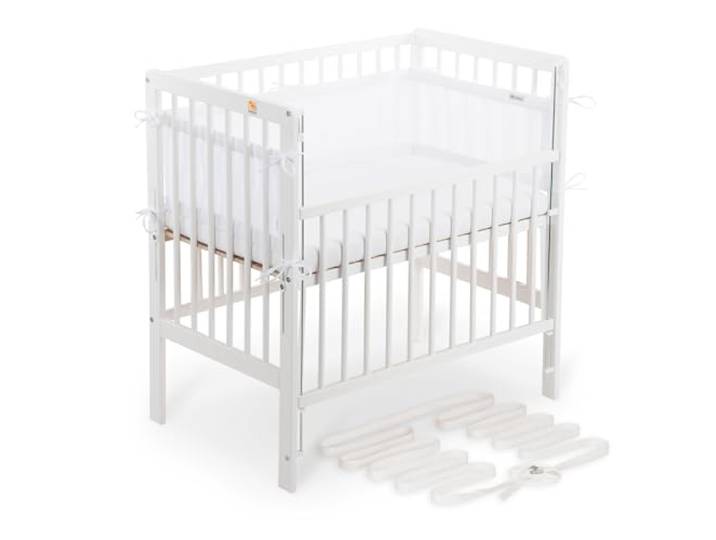 FabiMax Boxspring Baby Beistellbett Flex 90x55, TÜV geprüft, aus Buchenholz weiß lackiert, mit innovativem verstellbarem Seitengitter, passend für Boxspringbetten (Matratze Comfort, Weiß)