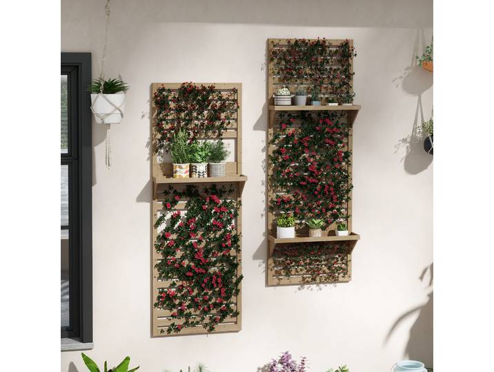 Outsunny Lot de 2 Supports Plantes Bois Naturel avec Étagères