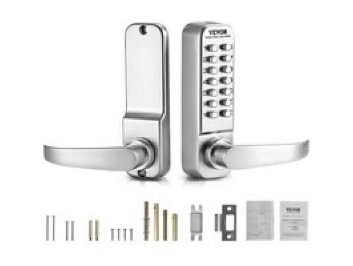VEVOR Mechanisch sleutelloos deurslot met enkelzijdig toetsenbord (14 sleutels), sleutelloos deurslot met handgreep, codeslot voor thuis, kantoor, buiten, hek, tuin, zilver (35-65 mm dikke deur)