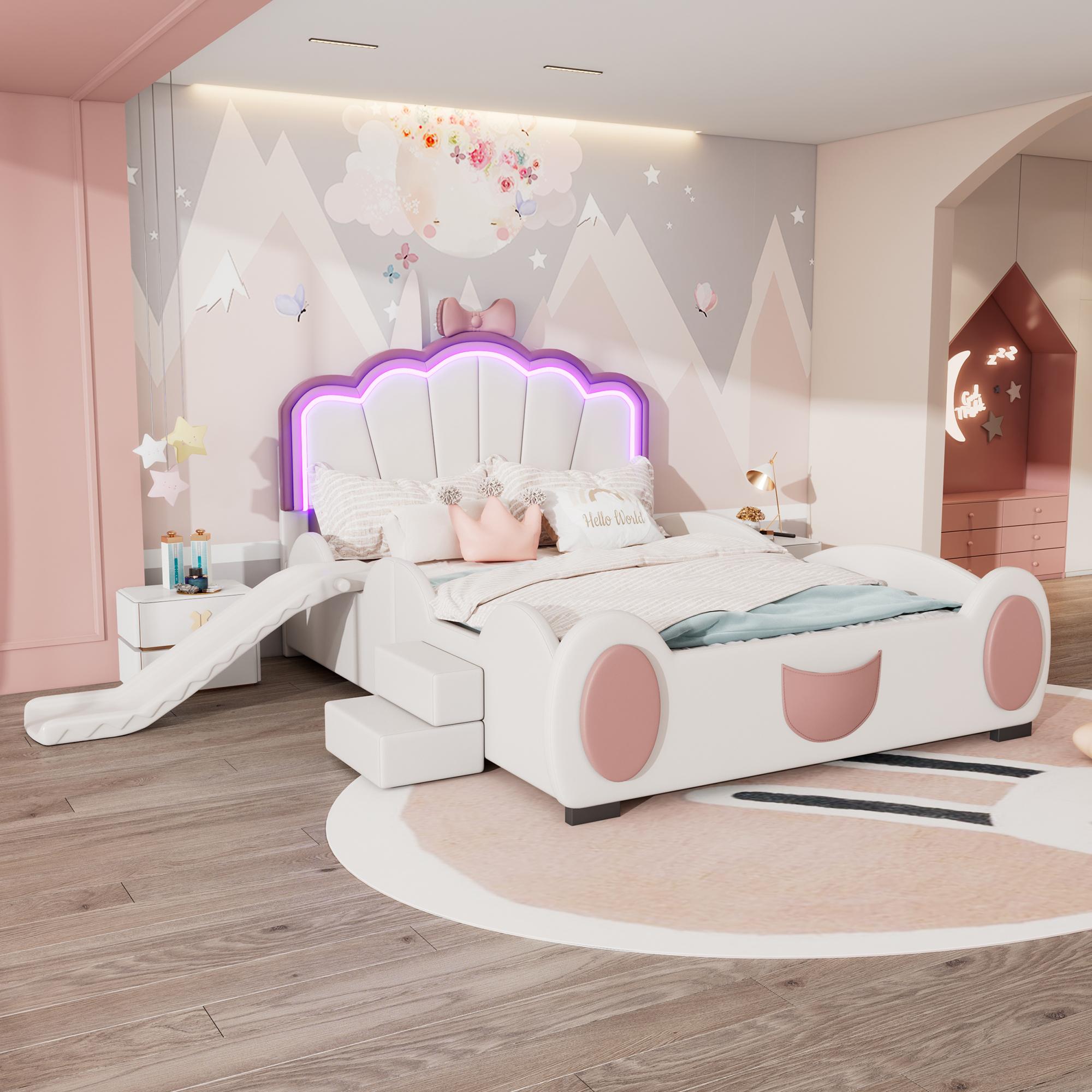 Cartoon-Kinderbett 140x200cm, Schmetterlingsform, LED, Rutsche/Leiter, Polyurethan(Pink+White)