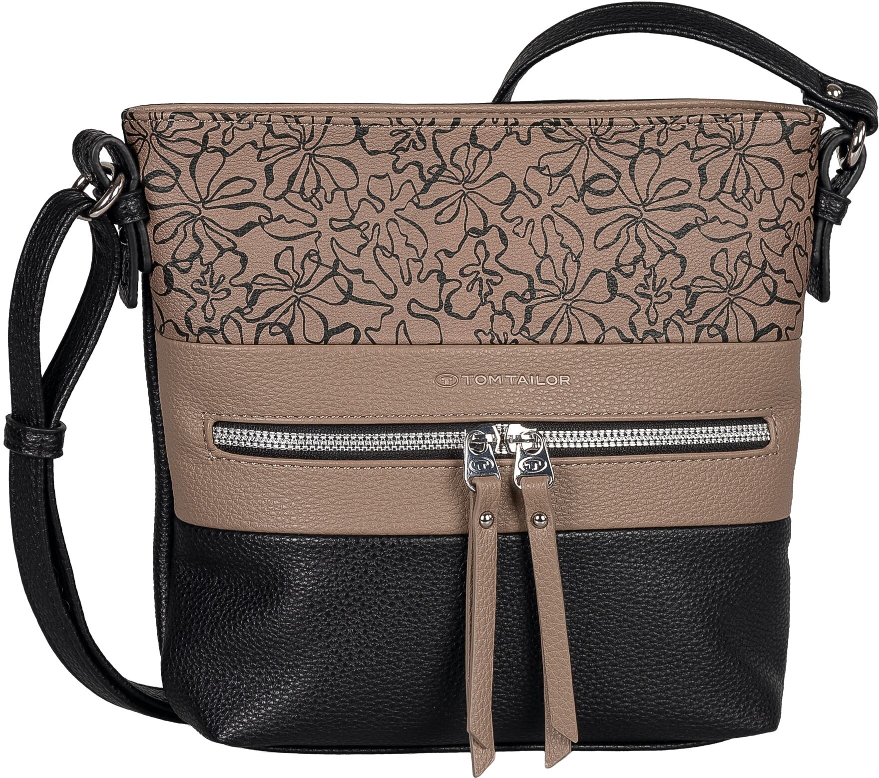 Umhängetasche TOM TAILOR "Ellen", Damen, Gr. B/H/T: 26cm x 24cm x 7cm, beige (schwarz, geblümt), Lederimitat, gepflegt, kontrastfarbene Details, mehrfarbig, Taschen Umhängetasche, Damen Schultertasche, mit hochglänzendem Reissverschluss-Eyecatcher schwarz