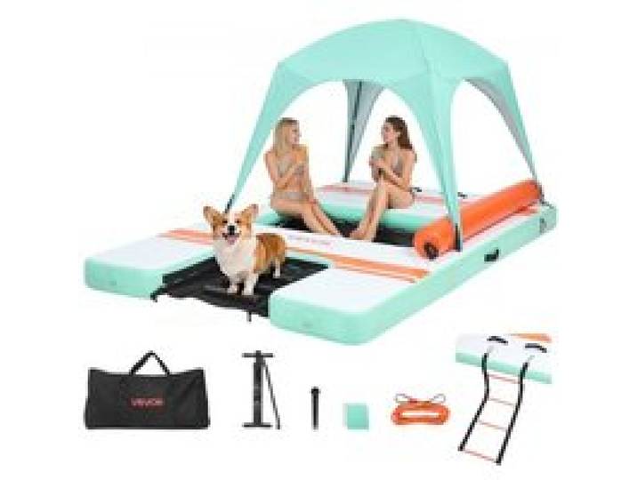 VEVOR Quai Flottant Gonflable 3,05x1,83 m Plateforme de Quai Gonflable pour Piscine Plage Mer Lac Réunions de Famille Sorties Amis Activités Nautiques avec Sac de Transport Portable, Échelle Amovible