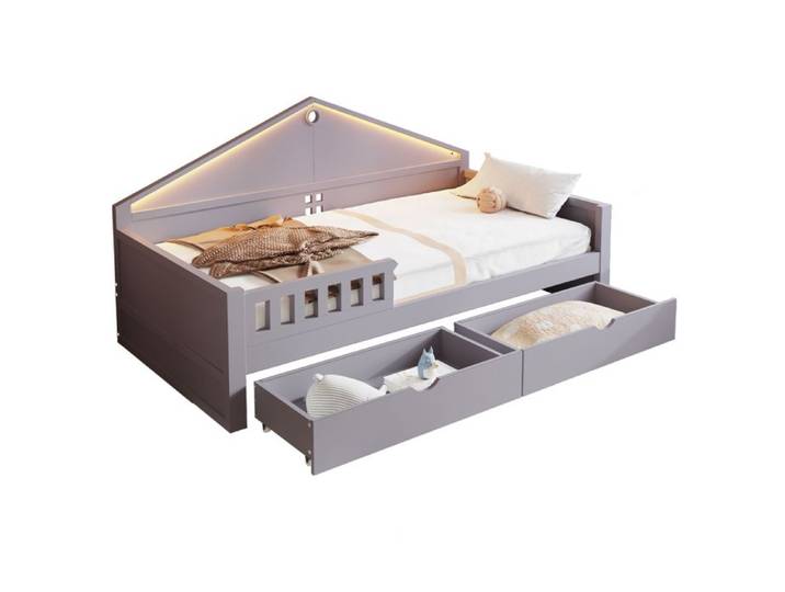 Lit simple 90x200 cm enfant/ado avec barre lumineuse tiroirs sommier à lattes gris