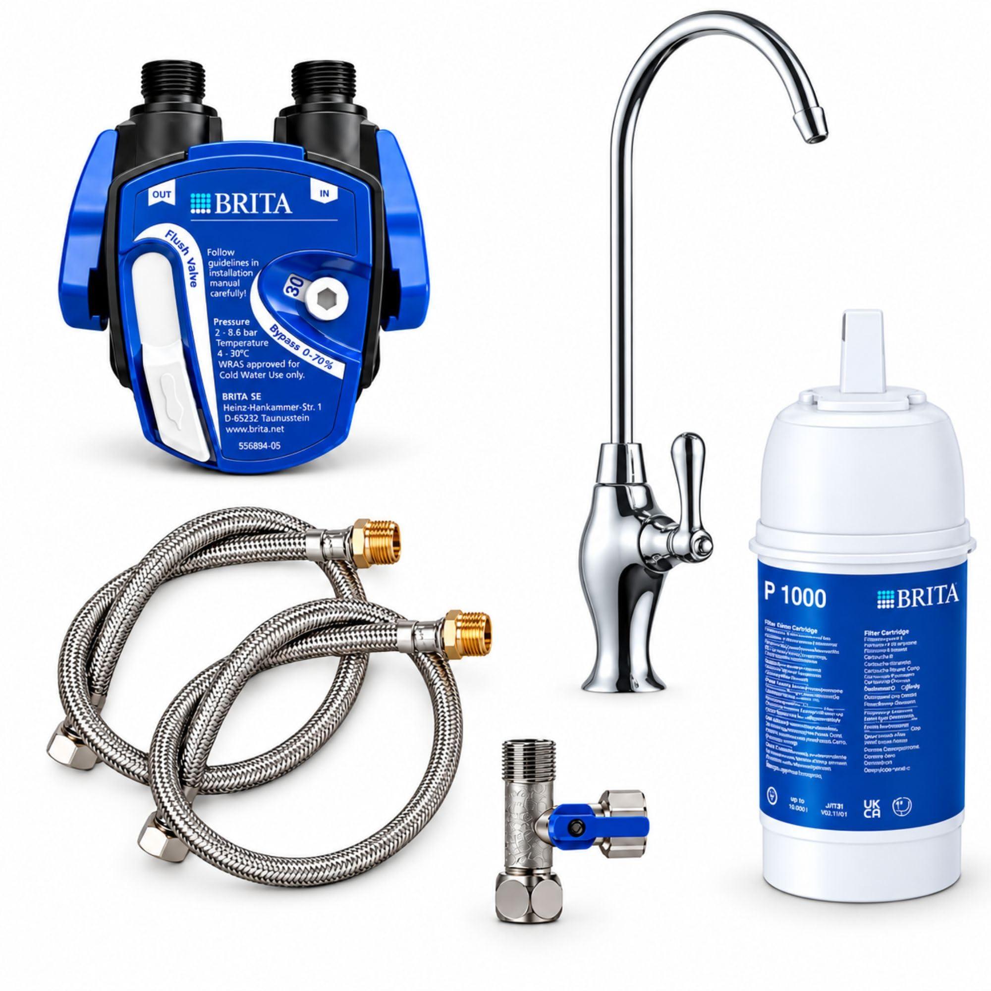 Untertisch-Wasserfilter mit 1-Wege-Hahn, BRITA P1000, Messing Chrom