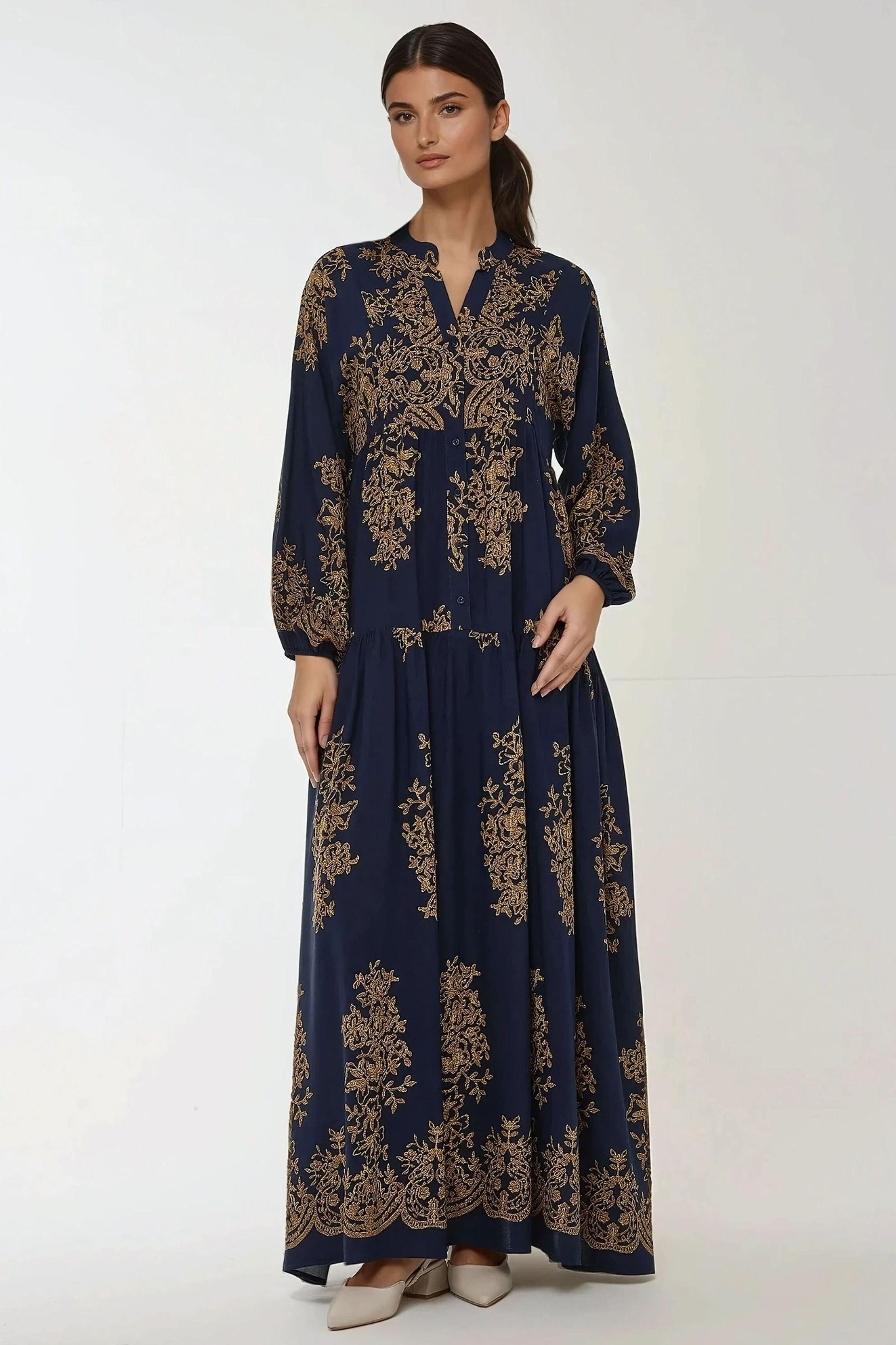 Bedrucktes Langarm-Viskose-Maxi-Kleid