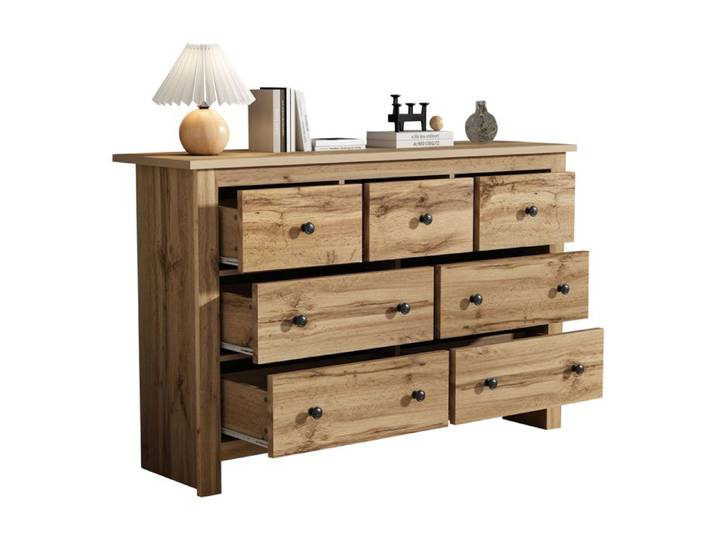 Buffet 152x40x89 cm EVRYAE - 7 tiroirs et grand espace de rangement usage multifonction pour plusieurs pièces - Bois