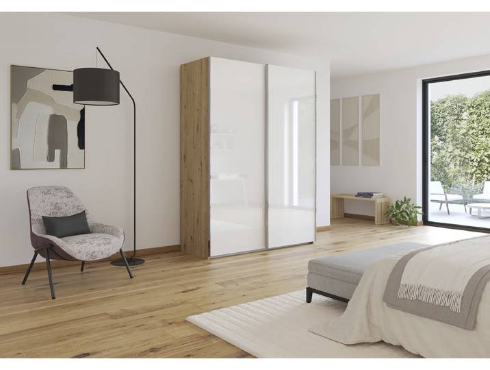 Armoire Fifty coulissante 162cm Blanc/Bois/Blanc brillant/Imitation chêne Artisan Sans portes miroir