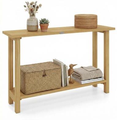 Costway 47 Inch Solid Wood Console Table with Teak Wood Frame and Storage Shelf
