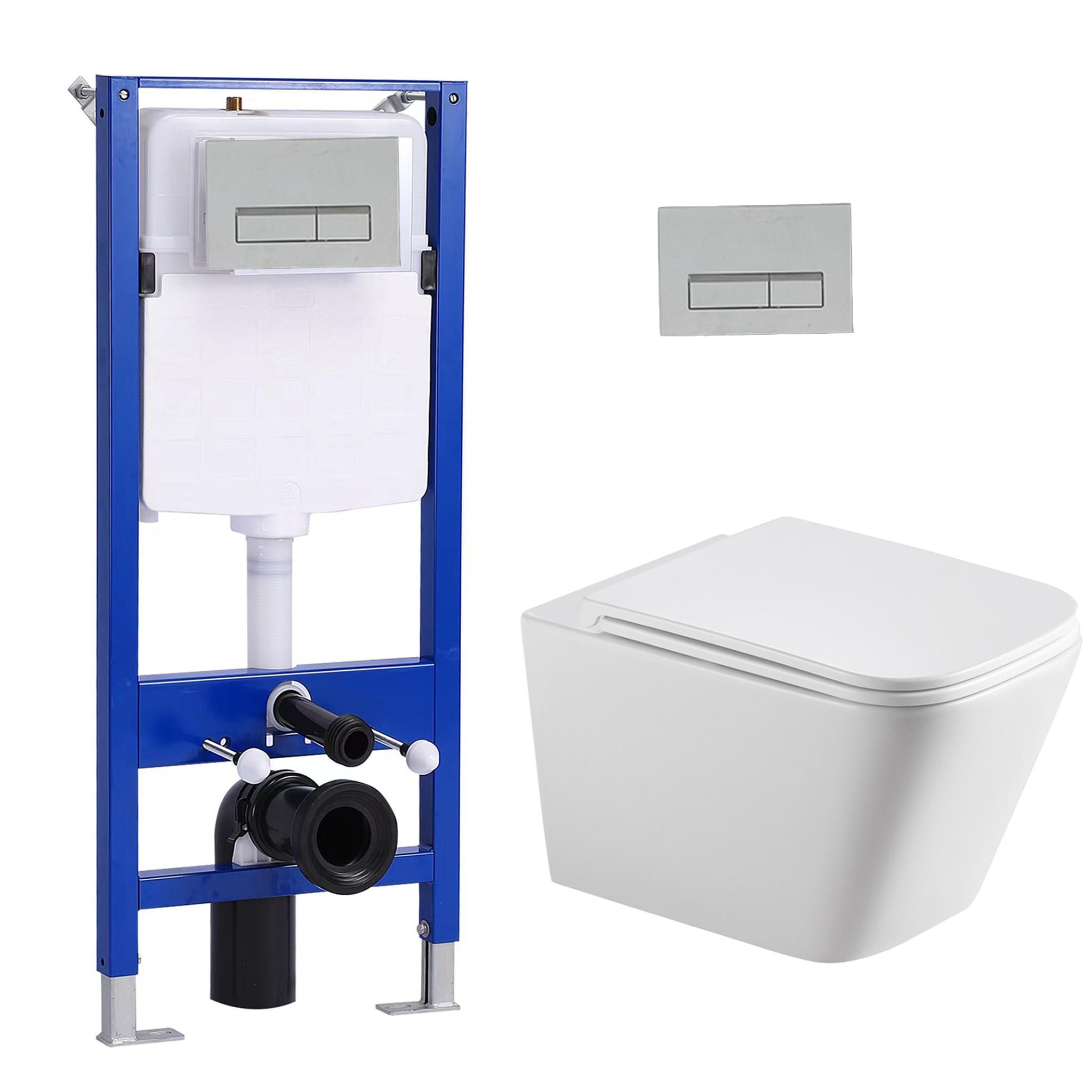 Pack WC Vorwandelement Set + Hänge Spülrandlos WC Toilette Quadrat + 114 cm Unterputzspülkasten mit Rechteckig Chrome Drückplatte HOROW