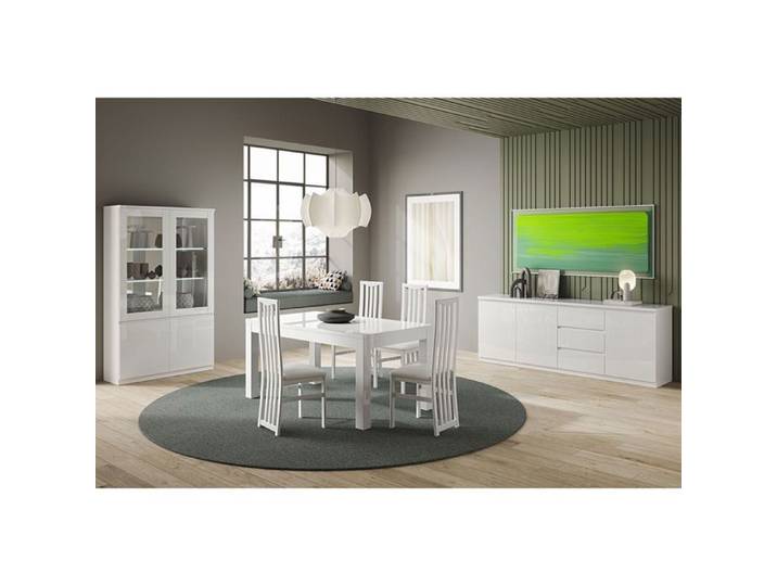 DEYTON - Ensemble Séjour Complet Laqué Blanc Table 160cm + Buffet + Vitrine avec Leds