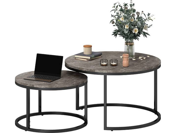 HOMCOM Lot de 2 tables basses gigognes\, table basse ronde\, empilable\, design industriel\, pieds en métal\, gris