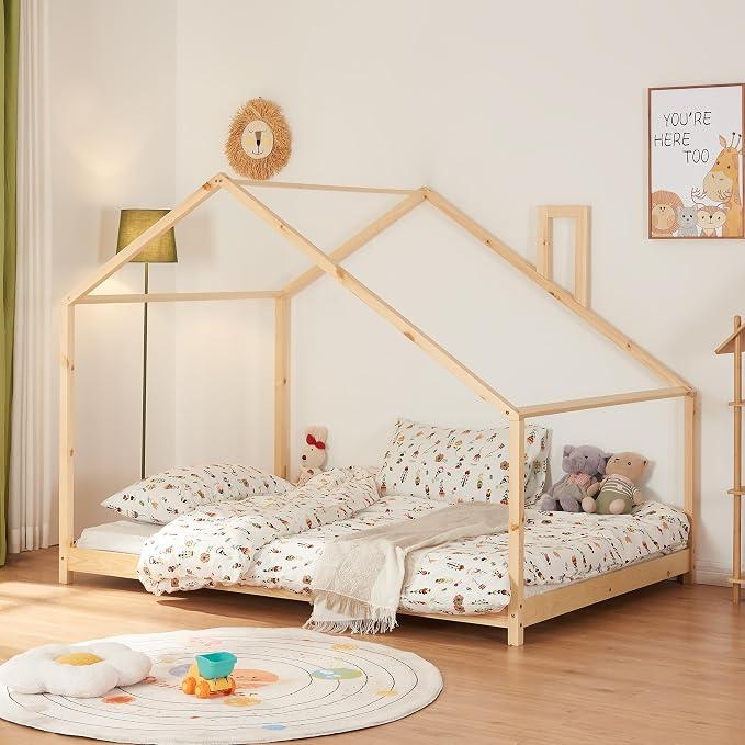Kinderbett Siuntio Kleindkindbett in Haus-Optik Bodenbett Montessori Bett Hausbett Bettgestell aus Kiefernholz Abenteuerbett 140x200cm Natur