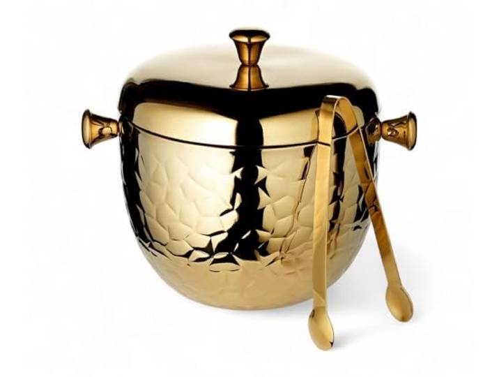 EDZARD Eiseimer Rico (Höhe 21 cm), Edelstahl goldfarben, doppelwandig inkl. Deckel und Eiszange, gemustert, hochglanzpoliert, Barzubehör, Partydeko, Gastronomie, Geschenkidee