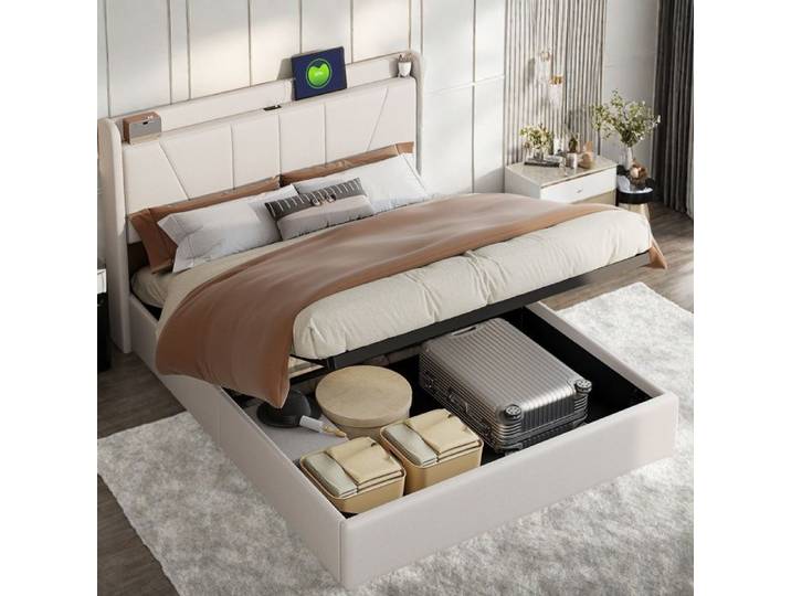 Lit coffre 160 Lit 160 x 200 cm avec rangement sommier inclus Tête de lit avec USB/type C Lit coffre 160 200 coffre Beige