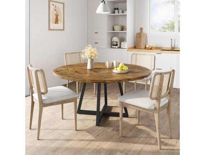 IDEALHOUSE Runder Esstisch Für 4‑6 Personen, Platzsparendes Metallgestell Rustikale Holzplatte, Industrial‑Stil, Lieferung nur Tisch, optimal für Esszimmer und Wohnzimmerbereiche.