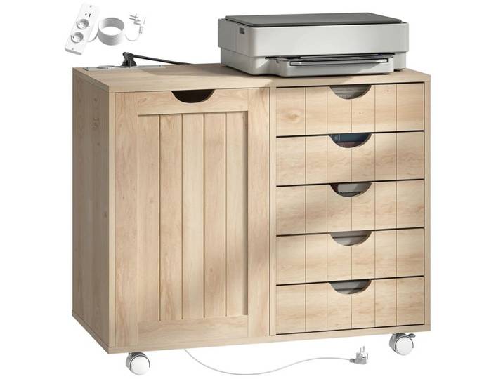 Meuble pour Imprimante avec Station de Charge 5 Tiroirs Ports USB Étagère Réglable et Roulettes Naturel
