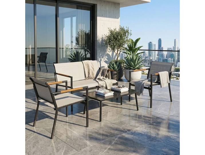Salon de jardin- Zukavenir- en textilène 4 pièces canapé 2 fauteuils table basse plateau en métal- 106x70 5x77cm