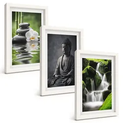 BILDER SET 3er Set - 20x30 cm Weißer Rahmen - Entspannende Zen-Wassermalerei