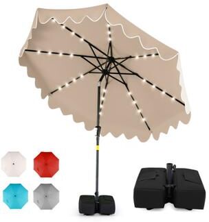 Costway 9 FT Outdoor Patio Umbrella with Solar LED Lights and Weighted Base-Brown