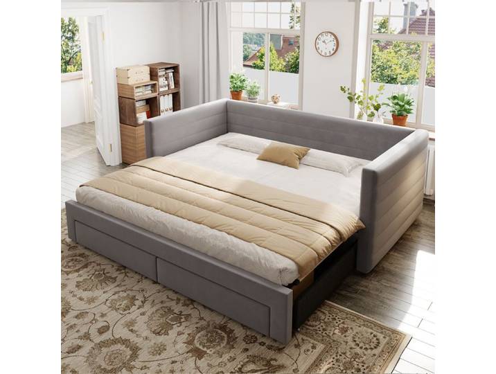 Canapé-lit rembourré 3-en-1 gris avec tiroirs et couchage extensible