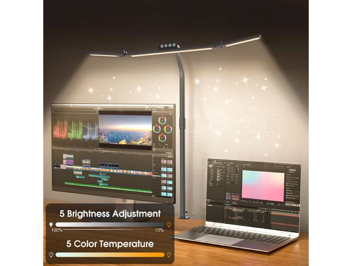 Lampe de bureau LED pour la maison et le bureau, lampe de table intelligente à double tête avec pince, lampe de travail flexible à col de cygne réglable, noire