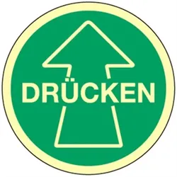 Aufkleber Piktogramm Drücken mit Pfeil, Folie, langnachleuchtend, Ø 100 mm