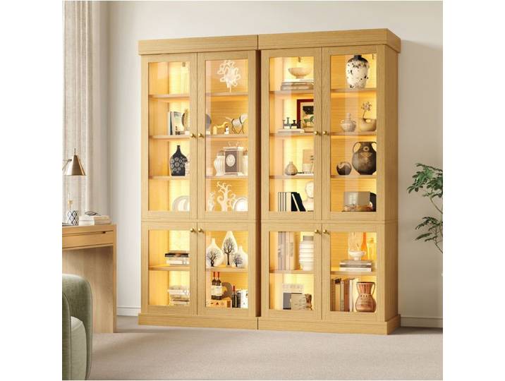 SENVIRO Vitrine haute 160 x 40 x 180 cm bois naturel portes vitrées LED