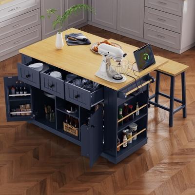 Cusp Barn 53'' Kitchen Island with Drop Leaf and Power Outlet, Rolling Kitchen Cart on 5 Wheels with 5 Open Side Racks for Kitchen