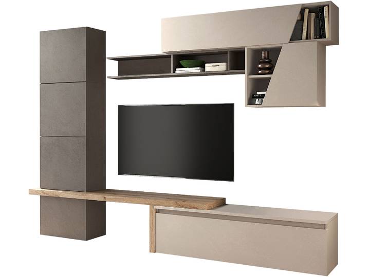 Wohnwand HOME AFFAIRE Infinity, 9tlg. Breite 280 cm, moderne Mediawand , beige (bronzo, cashmere, eiche cadiz nb), B:280cm H:202cm T:40cm, Kastenmöbel-Sets, Wohnwand, T-Boden, 4x Hängewürfel, Würfel-Element, Wandregal, Hängeschrank)