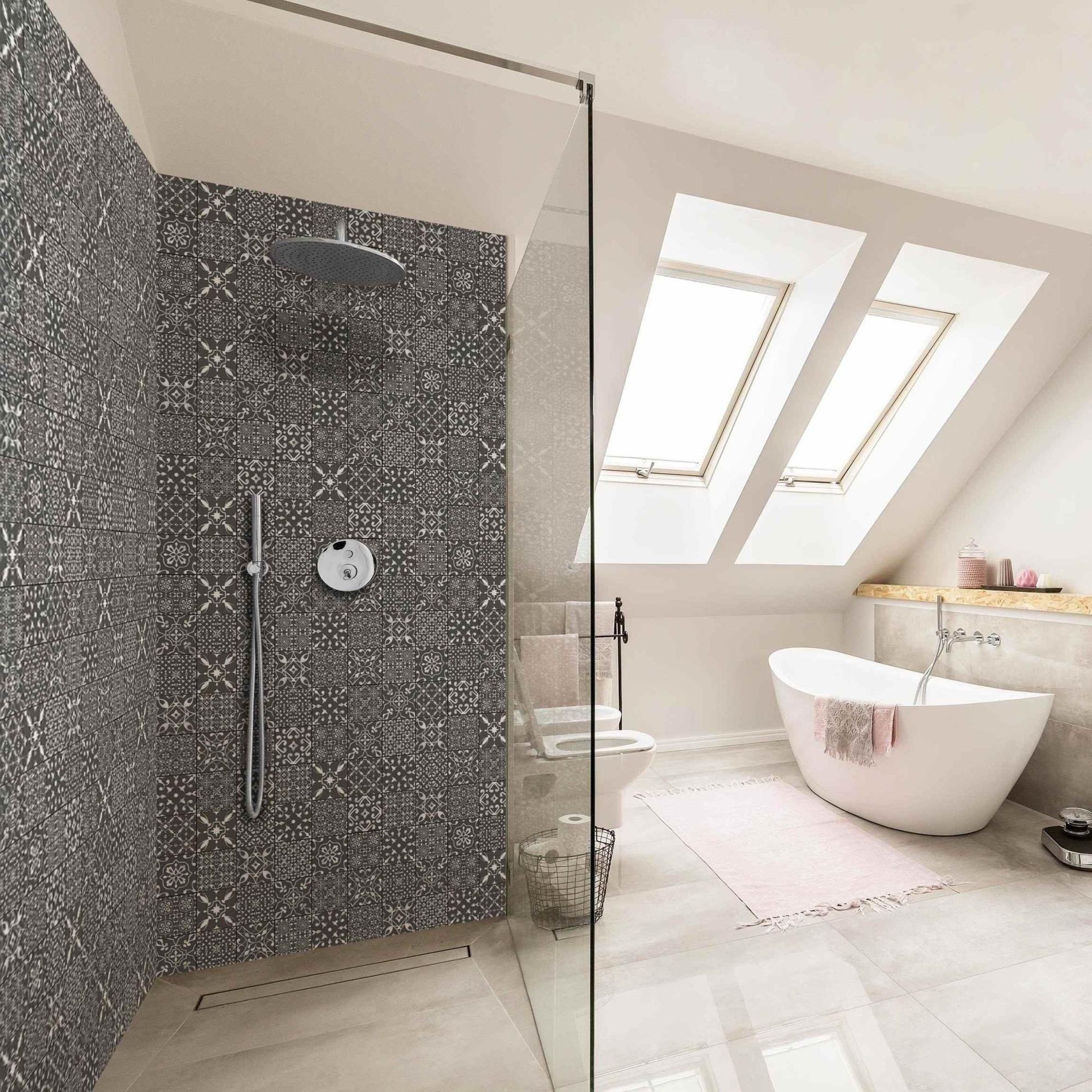 Duschrückwand Muster selbstklebend - 0.61 mm Wandpaneel wasserfest Design grau Fliesenoptik Illustration Badrückwand fugenlos Premium matt 90x200 cm