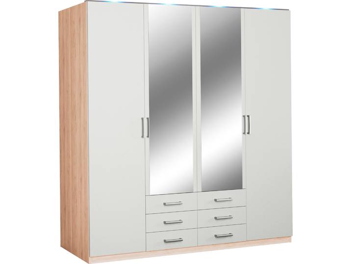 Kleiderschrank, Braun & Weiß, 185x193x56 cm, Holzwerkstoff, Mit LED-Beleuchtung, Modern, Priess