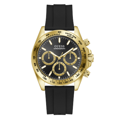 Chronograph GUESS "ARTHUR", gold (schwarz, schwarz), Armbanduhren, Herren, Chronograph, Quarzuhr, Armbanduhr, Herrenuhr, Silikonarmband, analog, Tag