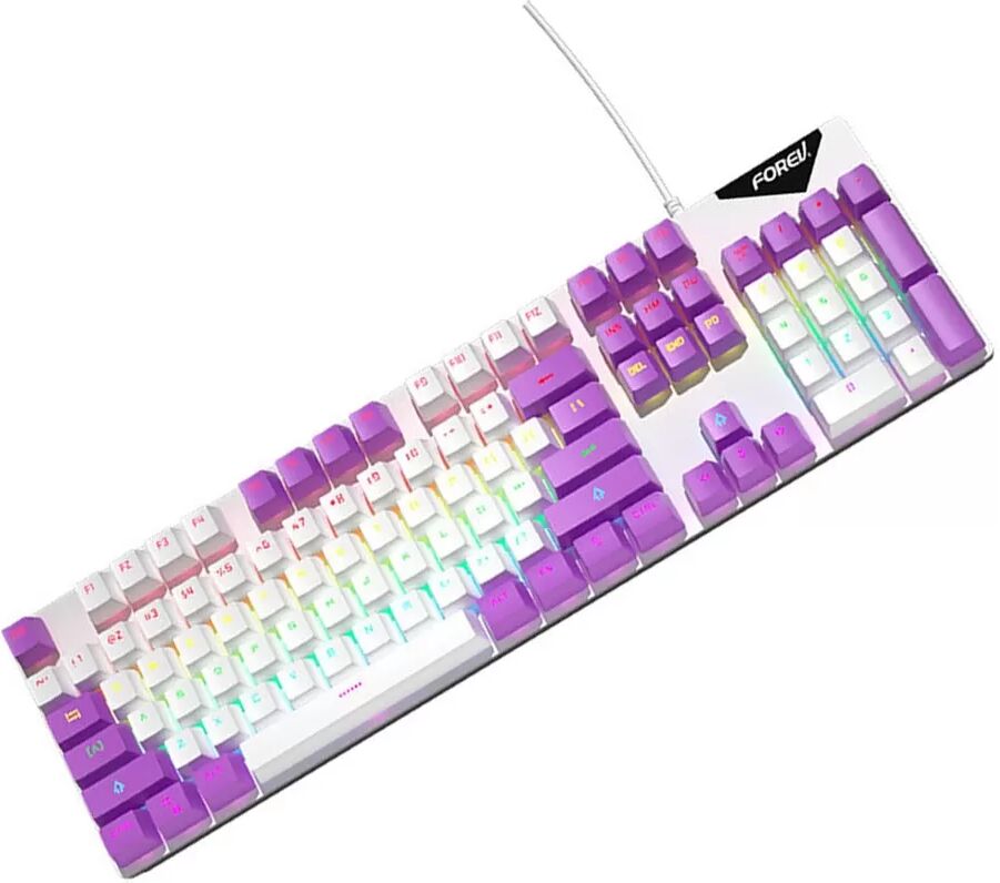 INF Mechanische Tastatur mit Kabel, Regenbogen-Hintergrundbeleuchtung, blauer Schalter, Hot-Swap-fähig, 104 Tasten weiß + lila