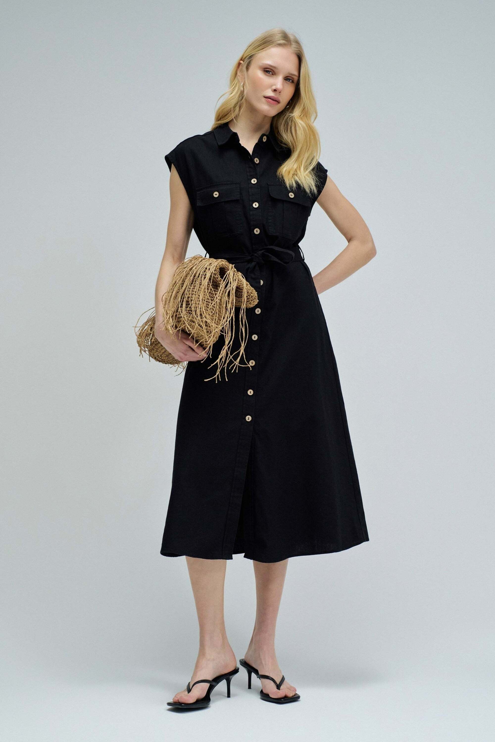 Midikleid SALSA "Salsa Jeans Midikleid Sleeveless Shirt Dress", Damen, Gr. XS, N-Gr, schwarz, Obermaterial: 50% Baumwolle CO. 50% Leinen LI., Kleider Midikleid schwarz XS, N-Gr