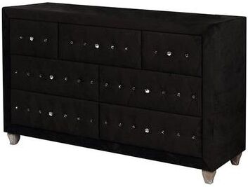 Benjara Rea Wide Dresser, 7 Drawers with Crystal Knobs, Black Velvet Upholstery