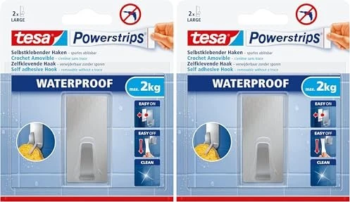 tesa Powerstrips Haken WATERPROOF Large Metall, rechteckig geeignet für die Verklebung auf Fliesen, Glas etc. auch für - 1 Stück (59779-00000