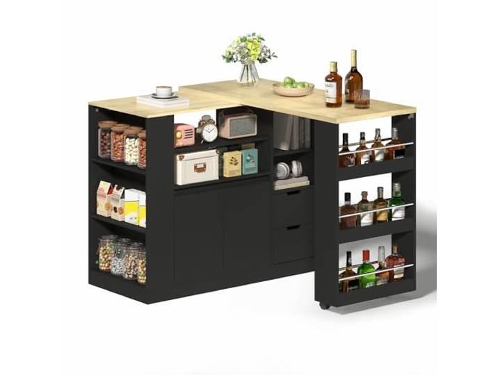 BTM Kücheninsel mit Ausziehbarer Arbeitsplatte, Aufbewahrungsinsel mit Regalen, Kaffeebar Möbel Buffetschrank für Hausbars Schwarz