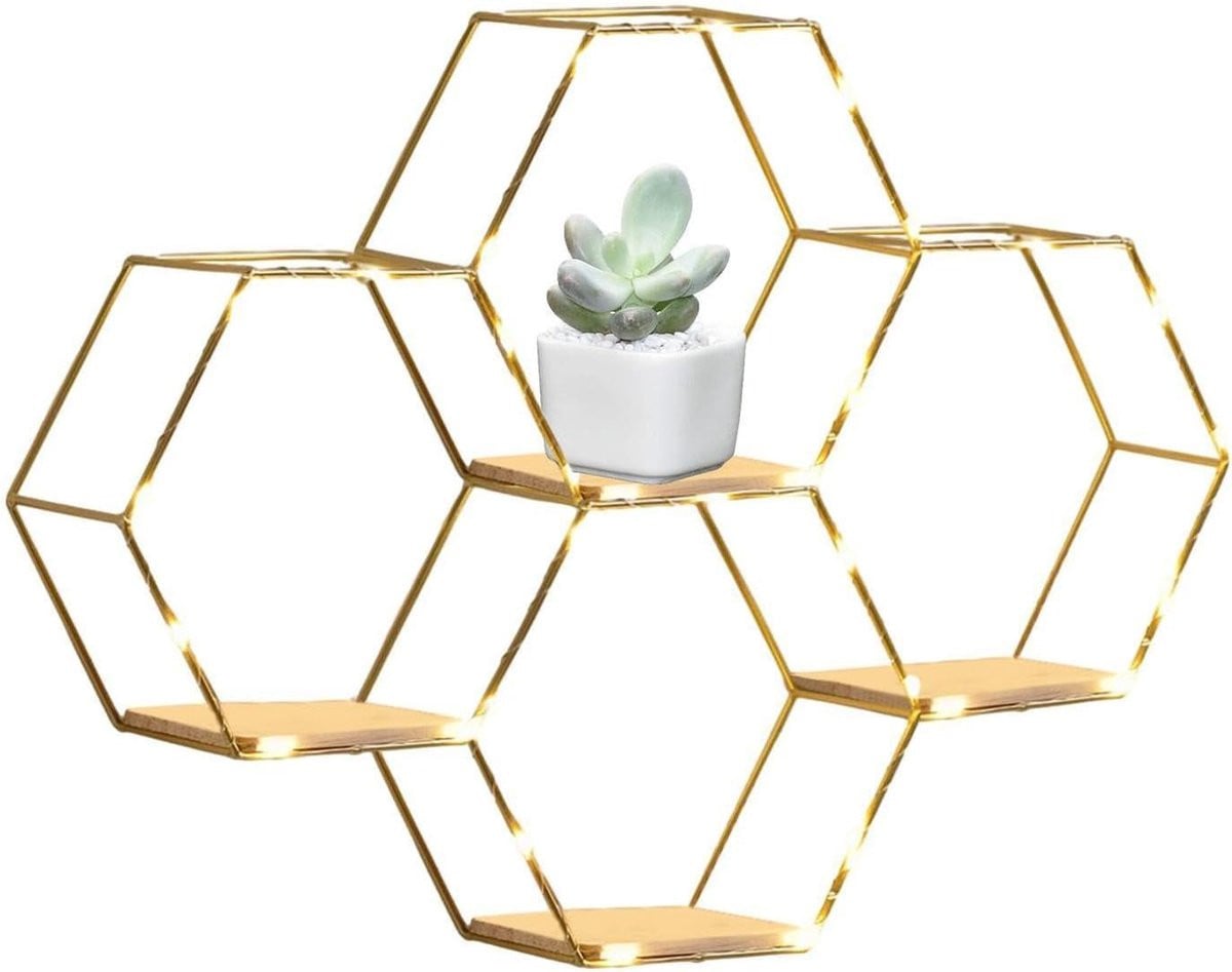 Set van 4 zeshoekige honingraat wandplanken met geïntegreerde LED-verlichting in goud