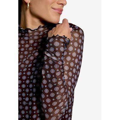 Langarmshirt ZERO, Damen, Gr. 34, braun, blau, Web, Obermaterial: 95% Polyester, 5% Elasthan, gemustert, körpernah hüftbedeckend, Rundhals, gewellter Abschluss, Shirts Langarmshirt, mit Muster und gekräuselten Abschlüssen / transparent