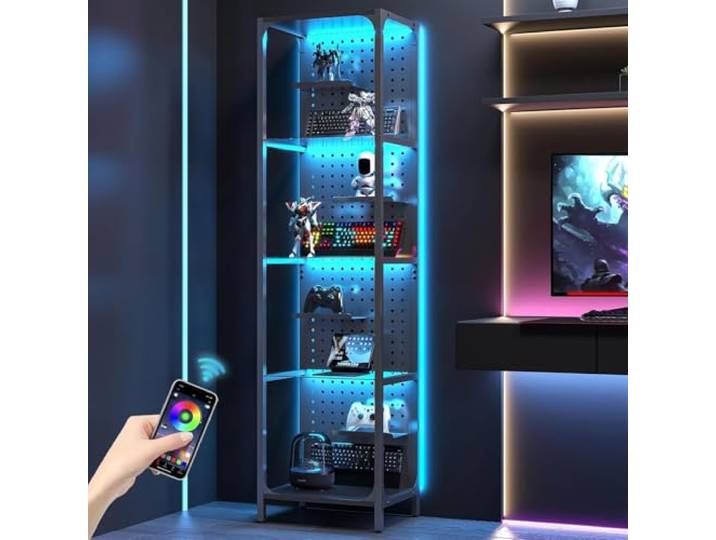Jehiatek LED RGB Glasvitrine 4-stöckig, Offene Sammelvitrine mit Lochwand & App-Steuerung, Beleuchtete Regalvitrine Standvitrine für Actionfiguren, Sammlerstücke, Schwarz für Spielzimmer & Wohnzimmer