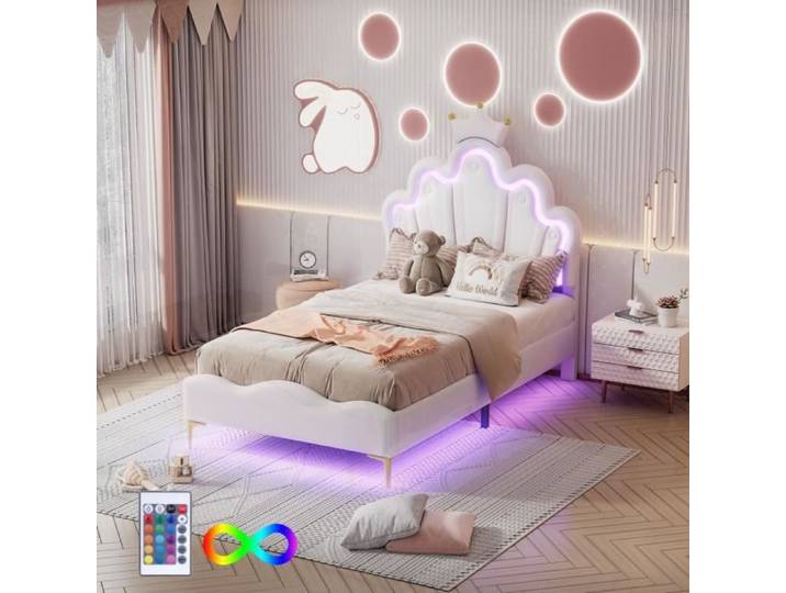 Lit simple - Princesse - 90x200cm - Cuir PU blanc - LED - Tête de lit couronne